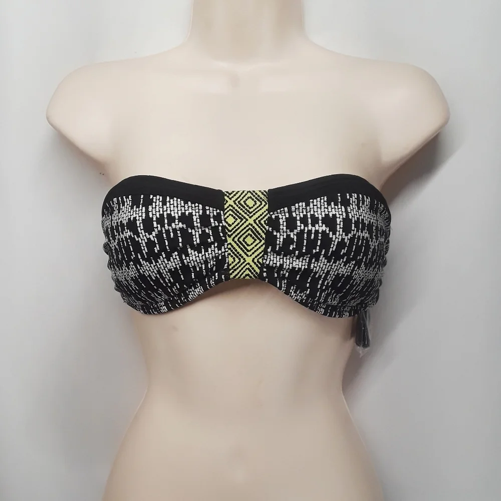 NEW Lili Blu Strapless Black White Green Tribal Print Medium Bikini Top